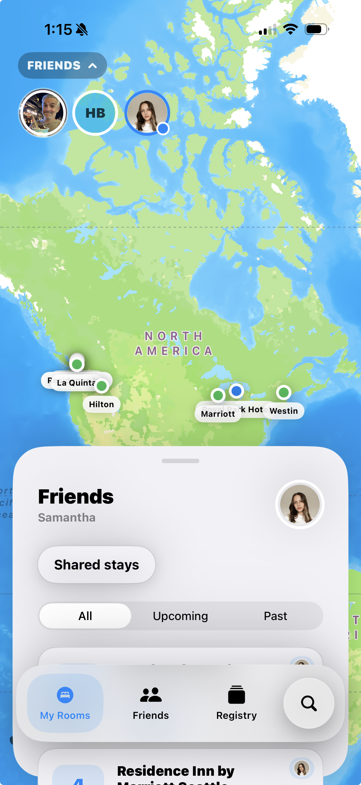 Stayed app friends map showing shared hotel stays with Samantha